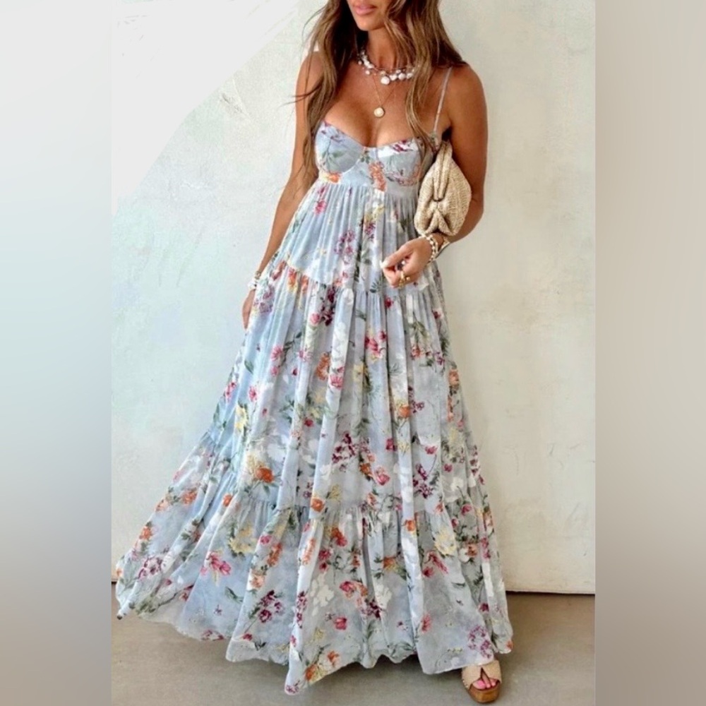 NWOT Blue Gray Floral Maxi Dress
